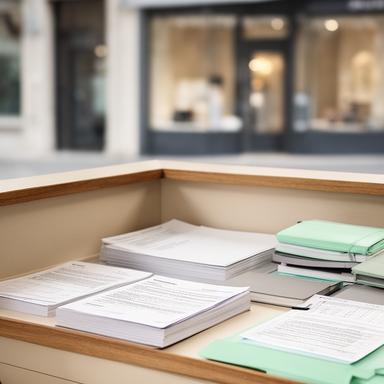 Piccola attività commerciale con banco ordinato, contratti cartacei e agenda professionale aperta