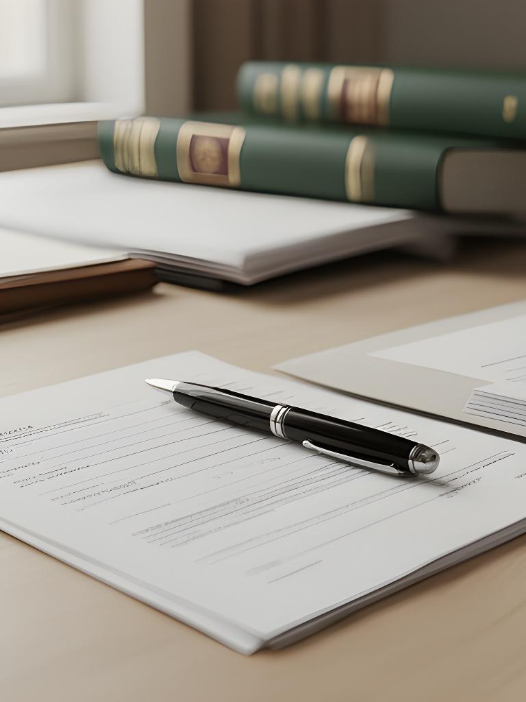 Penna appoggiata su un contratto su una scrivania in legno chiaro con fascicoli legali e luce naturale nello studio