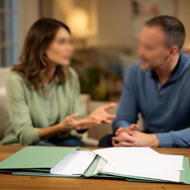 Coppia adulta in casa con fascicolo patrimoniale e un consulente che spiega un accordo scritto