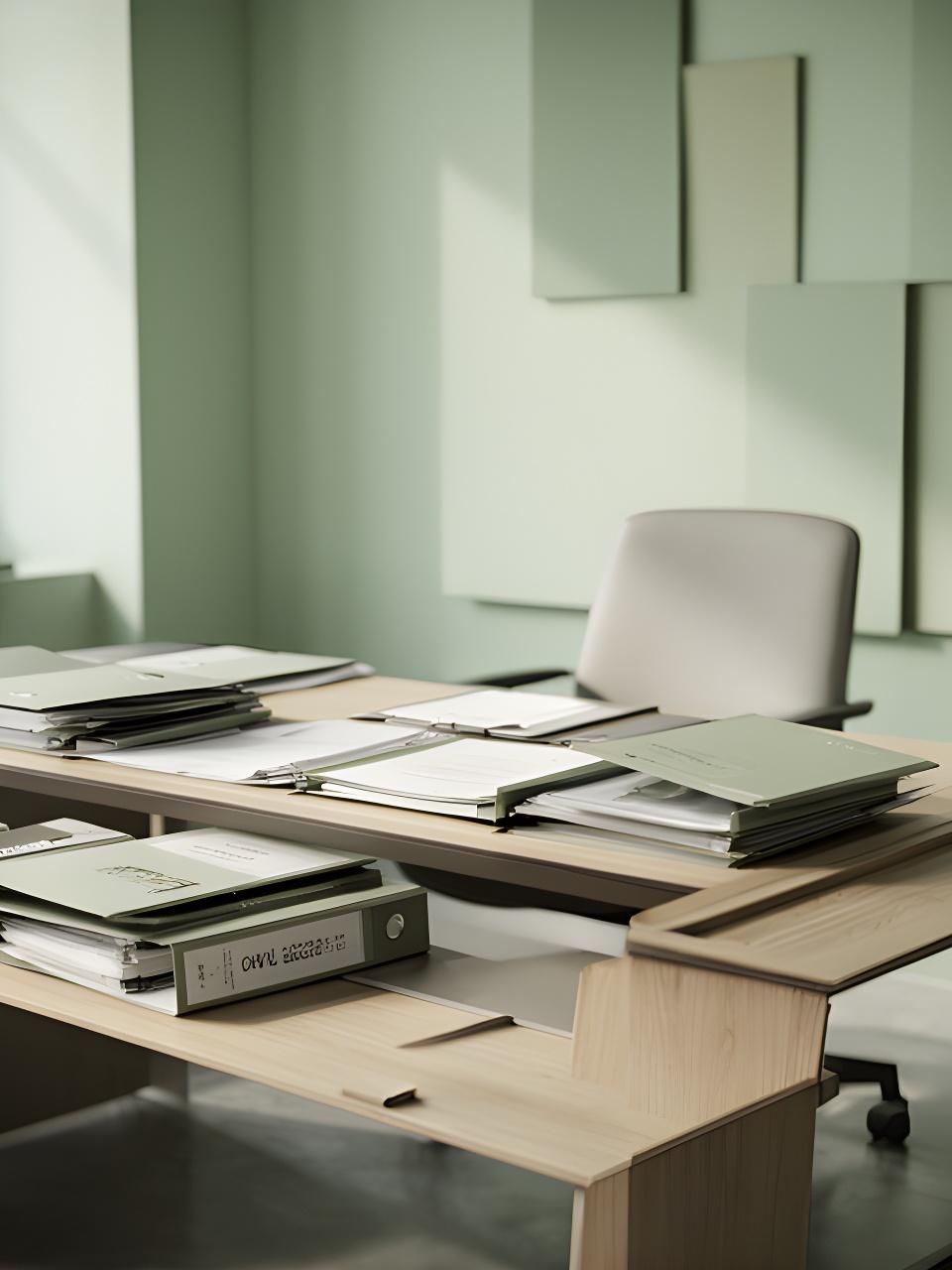 Studio legale con tavolo ordinato, fascicoli civili e luce naturale verde salvia in un ufficio di Melilli